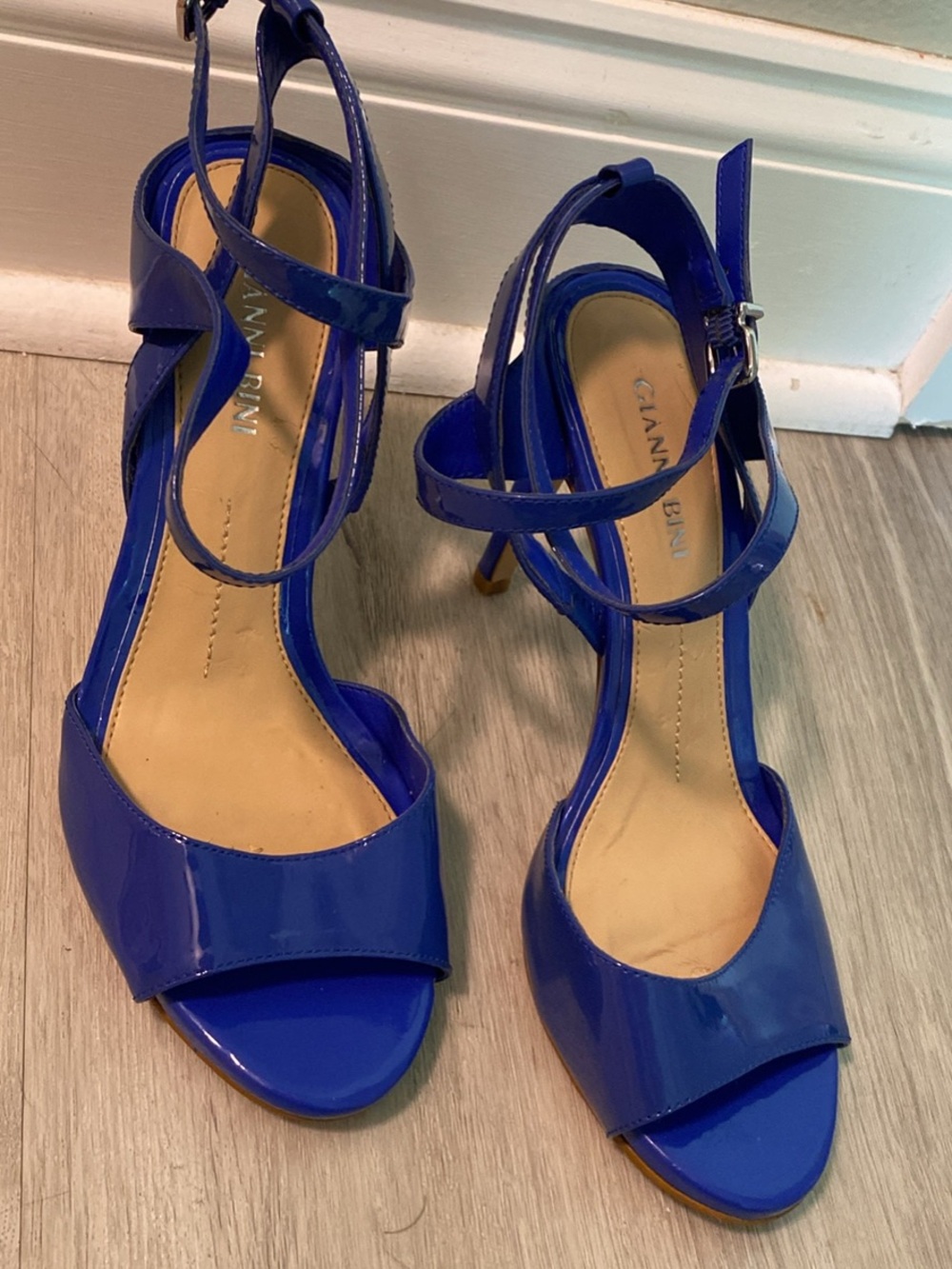 Gianni Bini Cobalt Patent Open-Toe Ankle-Strap Heels
